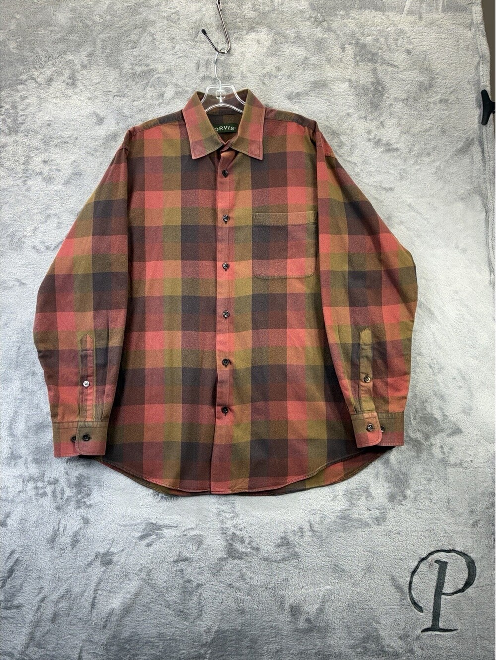 Orvis Large Wool Blend Red Brown Autumn Ombre Plaid Shirt Long Sleeve